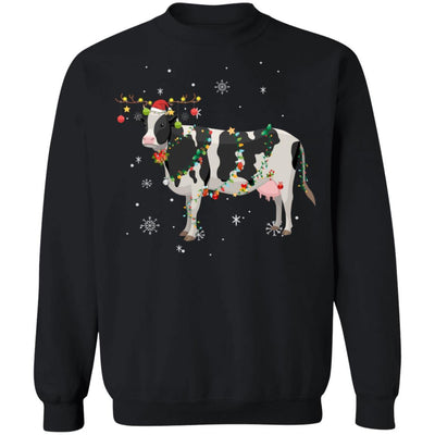 Funny Cow Reindeer Christmas Lights Pajama-T-Shirt & Sweatshirt-Crewneck Sweatshirt-Black
