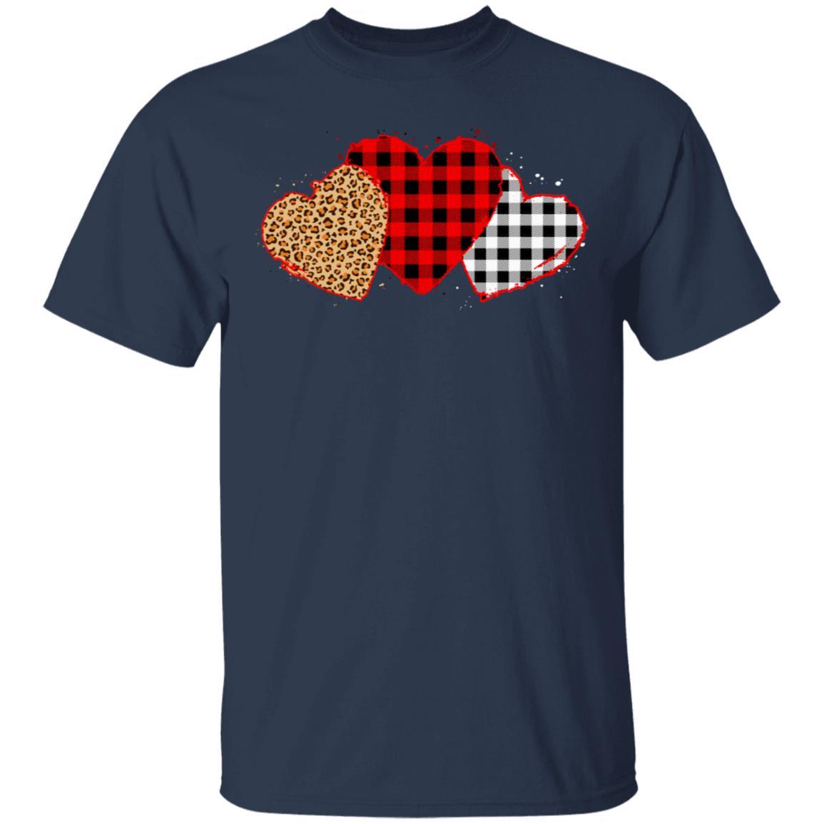 Three Hearts Leopard Buffalo Plaid Valentine's Day-T-Shirt & Hoodie-Classic T-Shirt-Navy