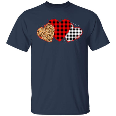 Three Hearts Leopard Buffalo Plaid Valentine's Day-T-Shirt & Hoodie-Classic T-Shirt-Navy