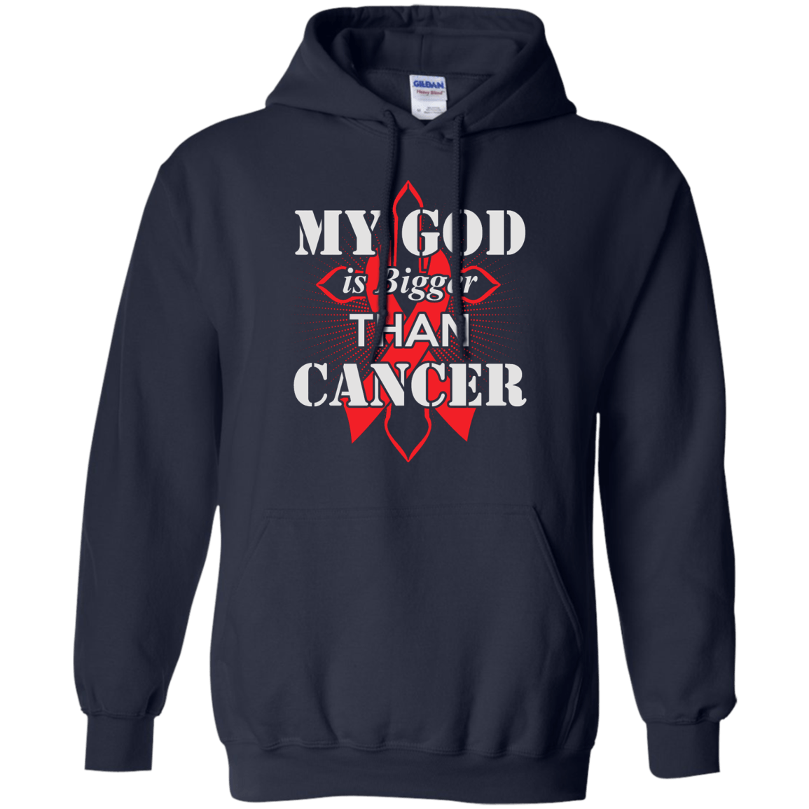 My God Is Bigger Than Cancer Red Awareness Ribbon-T-Shirt & Hoodie-Pullover Hoodie-Navy