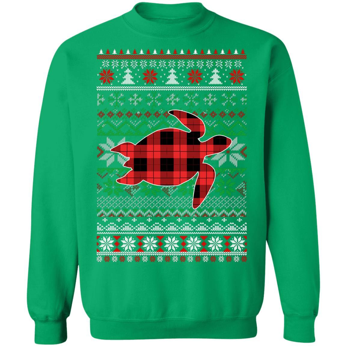 Turtle Red Plaid Ugly Christmas Sweater Funny Gifts-T-Shirt & Sweatshirt-Crewneck Sweatshirt-Irish Green