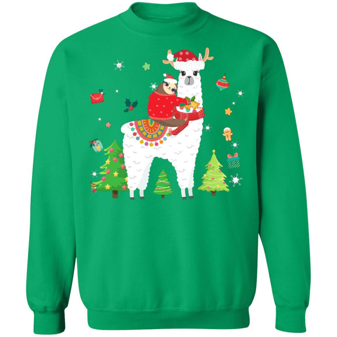 Santa Sloth Riding Llama Reindeer Christmas Gifts-T-Shirt & Sweatshirt-Crewneck Sweatshirt-Irish Green