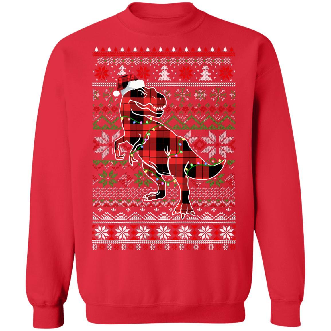 Red Plaid Buffalo T Rex Dinosaur Pajamas Christmas Sweater-T-Shirt & Sweatshirt-Crewneck Sweatshirt-Red