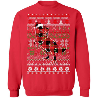 Red Plaid Buffalo T Rex Dinosaur Pajamas Christmas Sweater-T-Shirt & Sweatshirt-Crewneck Sweatshirt-Red