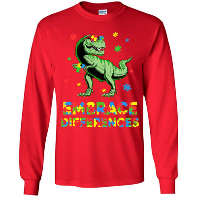 Dinosaur Puzzle Autism Awareness Embrace Differences Youth-Youth Shirt-Youth Long Sleeve T-Shirt-Red