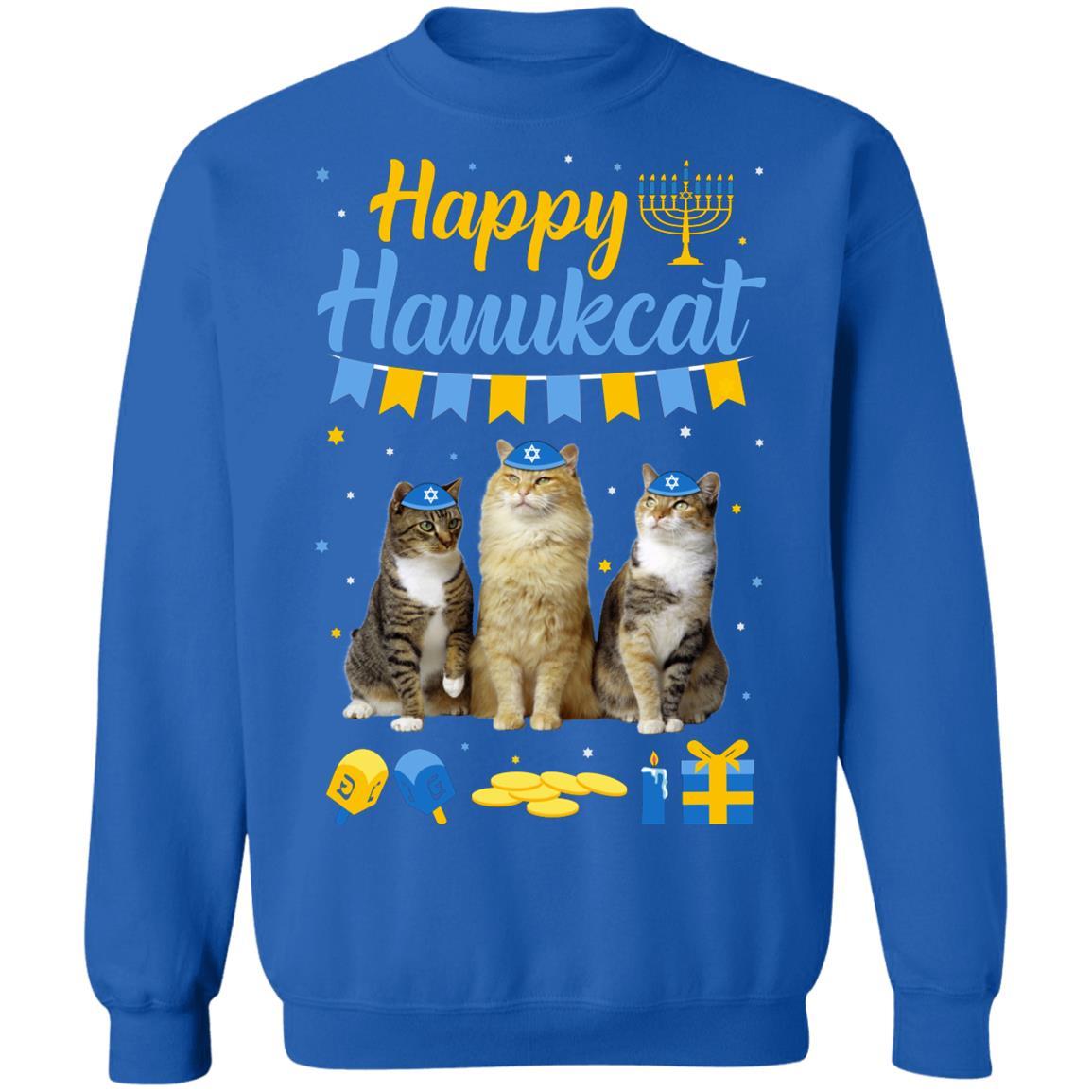 Jewish Hanukkah Cat Happy Hanukcat Christmas Gift-T-Shirt & Sweatshirt-Crewneck Sweatshirt-Royal