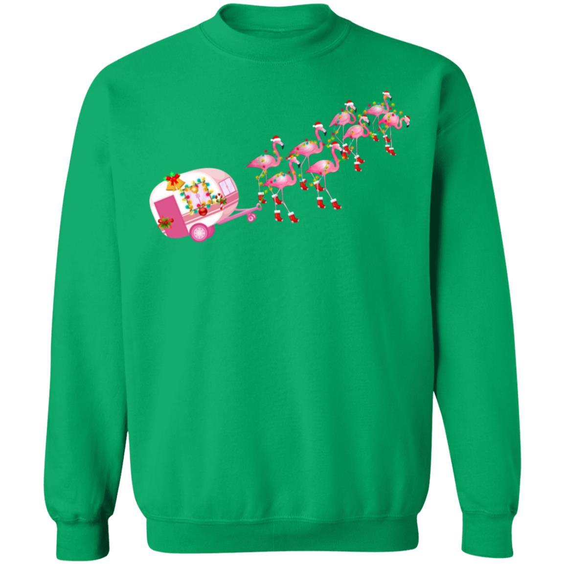 Flamingo Camper Christmas Santa Gift For Glamping Holiday-T-Shirt & Sweatshirt-Crewneck Sweatshirt-Irish Green