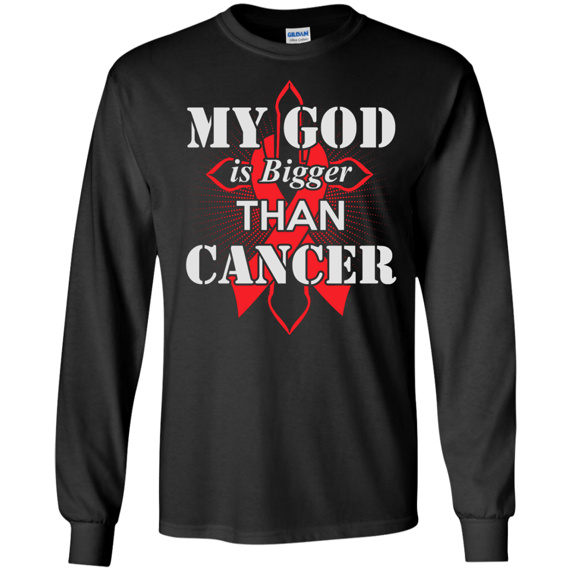 My God Is Bigger Than Cancer Red Awareness Ribbon-T-Shirt & Hoodie-Long Sleeve T-Shirt-Black
