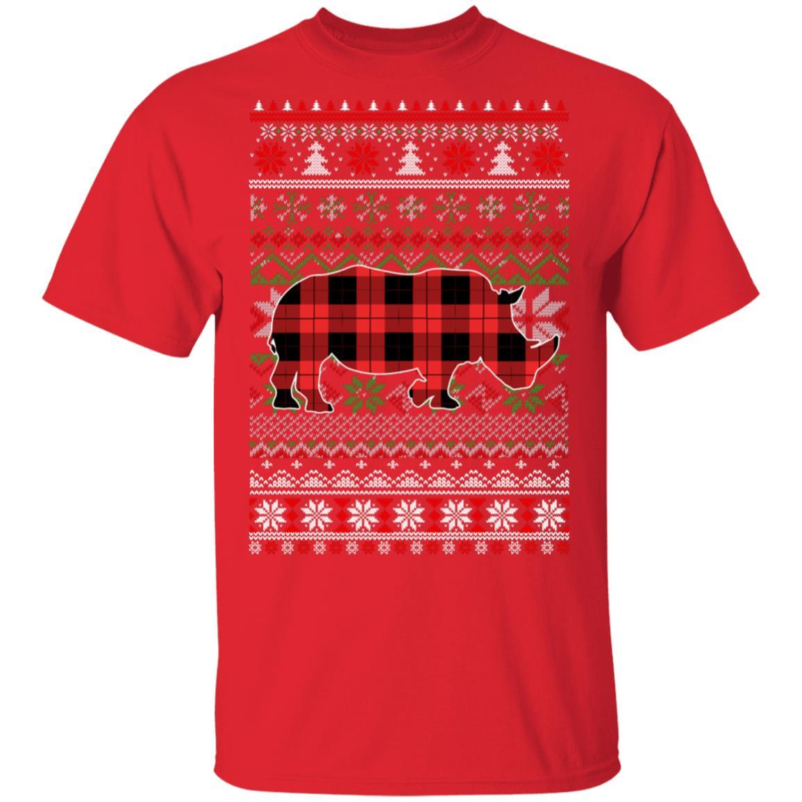 Rhino Red Plaid Ugly Christmas Sweater Funny Gifts-T-Shirt & Sweatshirt-Classic T-Shirt-Red