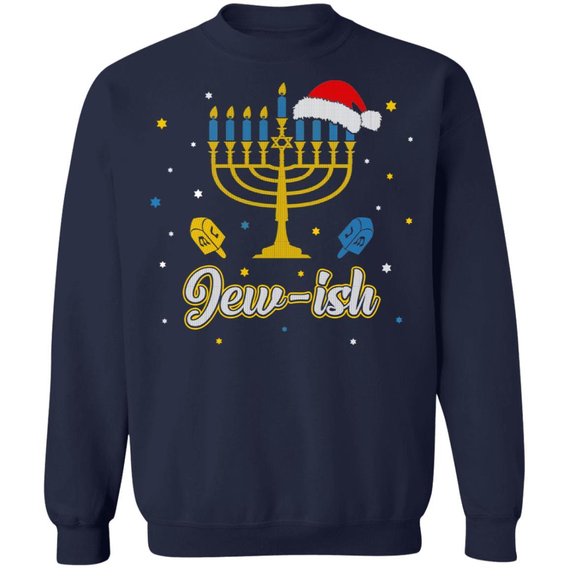 Christmas Ugly Hanukkah Sweater menorah Santa hat Jew-ish-T-Shirt & Sweatshirt-Crewneck Sweatshirt-Navy
