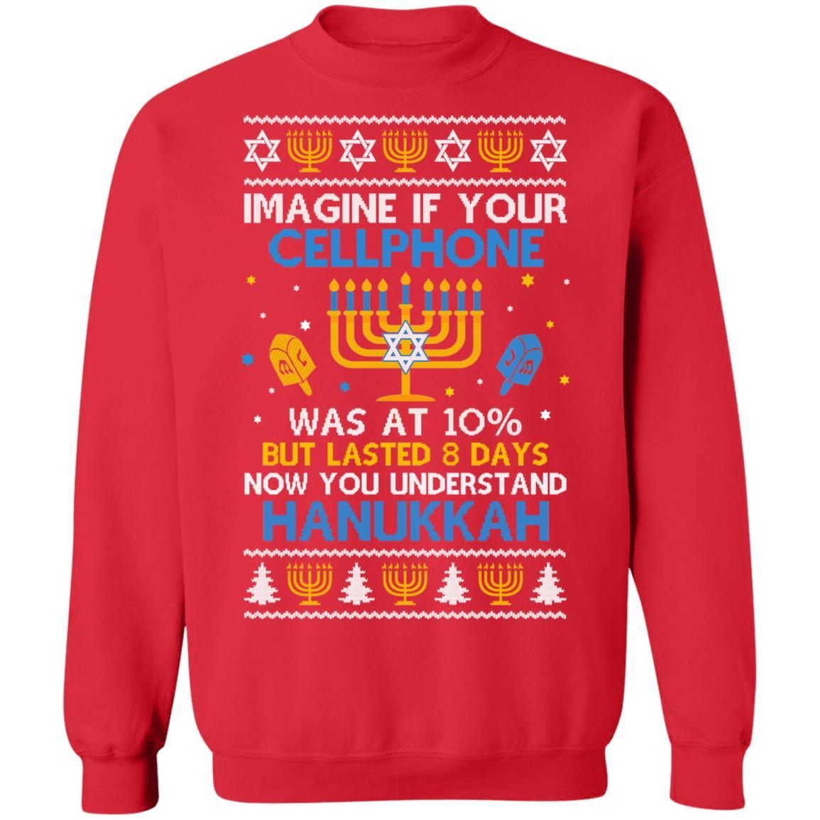 Funny Hanukkah Chanukah Cellphone Menorah Ugly Sweater-T-Shirt & Sweatshirt-Crewneck Sweatshirt-Red