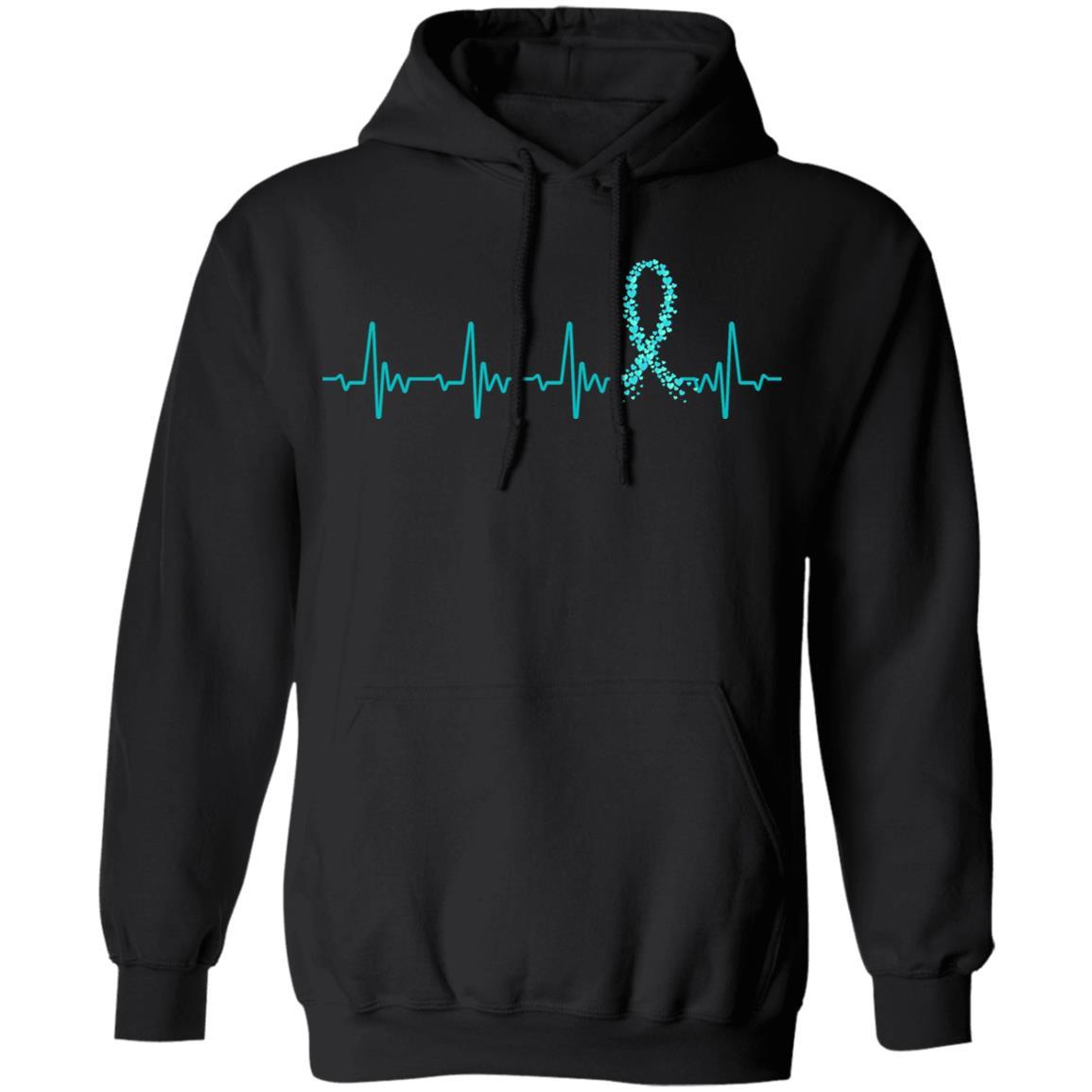 Ovarian Cancer Awareness Teal Ribbon Heartbeat-T-Shirt & Hoodie-Pullover Hoodie-Black