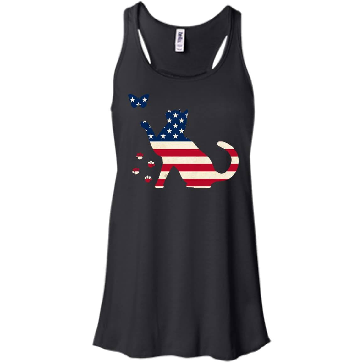 Meowica Cat American Flag 4th of July-T-Shirt & Hoodie-Women's Flowy Racerback Tank-Black