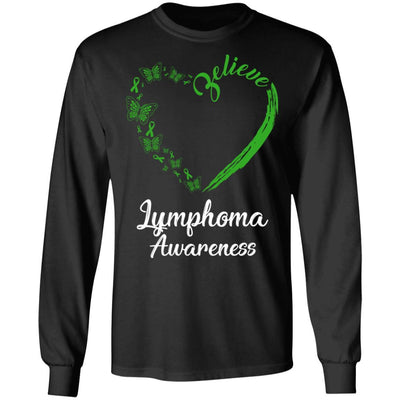 Butterfly Believe Lymphoma Awareness Ribbon Gifts-T-Shirt & Hoodie-Long Sleeve T-Shirt-Black