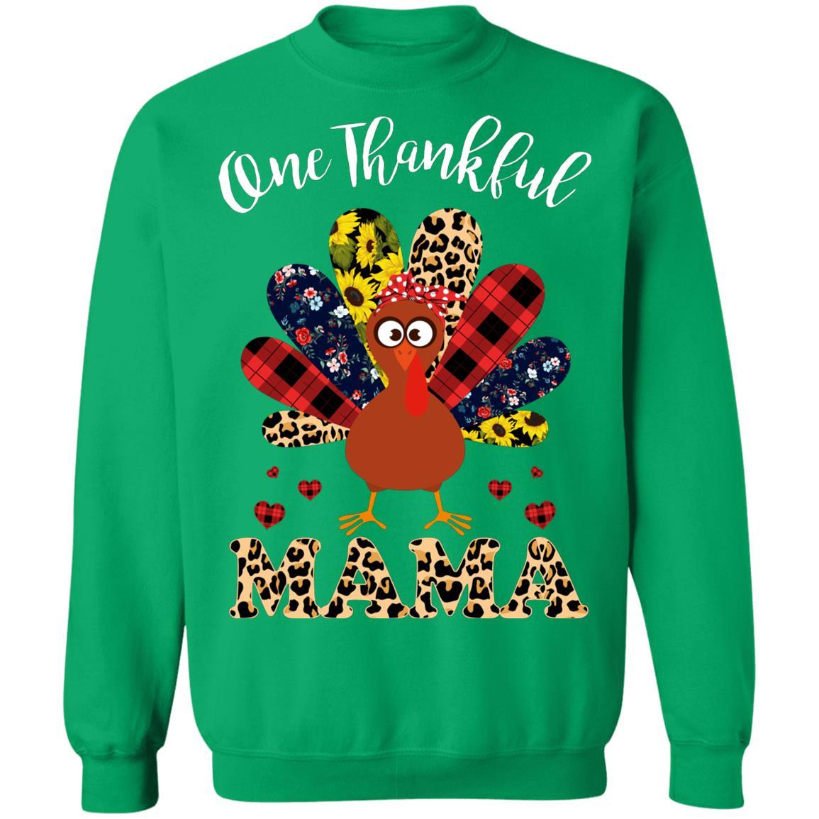One Thankful Mama Leopard Turkey Thanksgiving Gift-T-Shirt & Sweatshirt-Crewneck Sweatshirt-Irish Green
