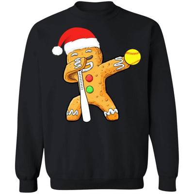 Dabbing Gingerbread Santa Softball Christmas Pajama Gifts-T-Shirt & Sweatshirt-Crewneck Sweatshirt-Black