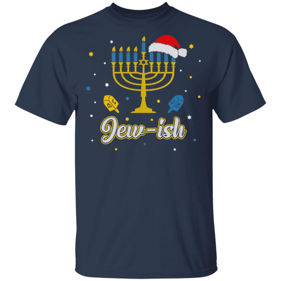 Christmas Ugly Hanukkah Sweater menorah Santa hat Jew-ish-T-Shirt & Sweatshirt-Classic T-Shirt-Navy