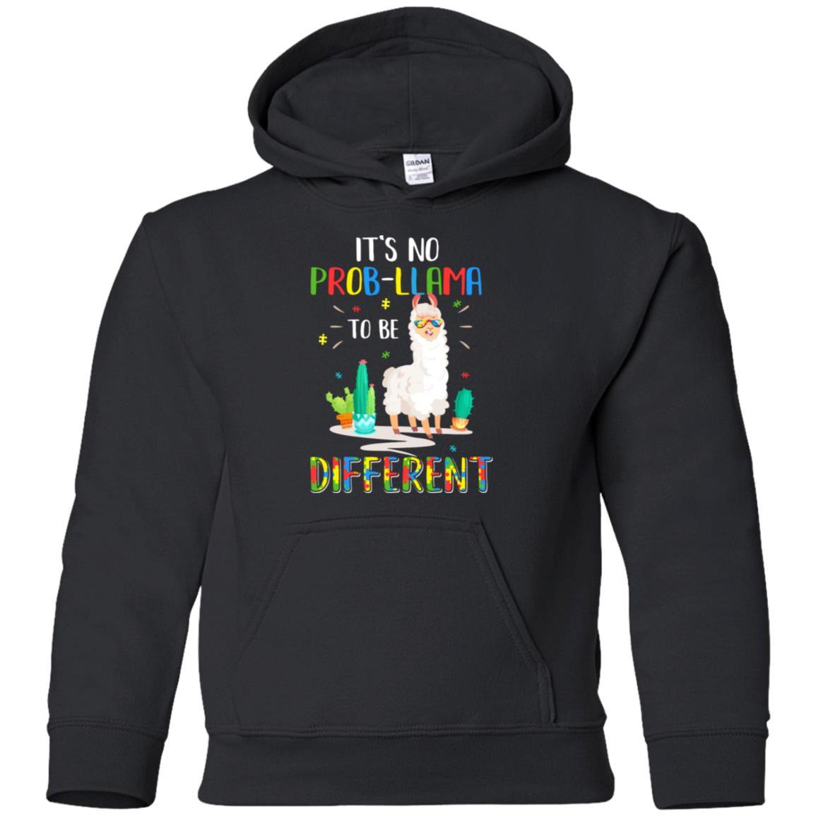 No Prob Llama To Be Different Llama Autism Awareness Gift Youth-Youth Shirt-Youth Pullover Hoodie-Black