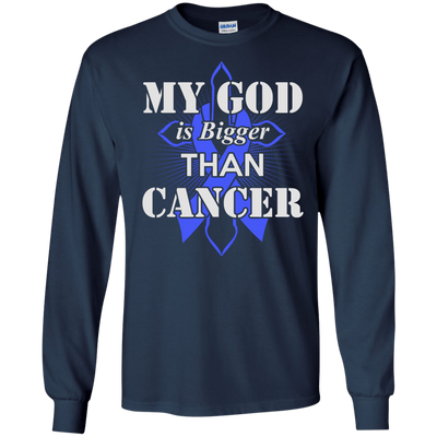 My God Is Bigger Than Cancer Blue Awareness Ribbon-T-Shirt & Hoodie-Long Sleeve T-Shirt-Navy