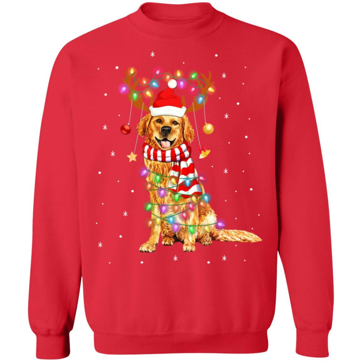 Cute Golden Retriever Christmas Lights Reindeer Pajamas-T-Shirt & Sweatshirt-Crewneck Sweatshirt-Red