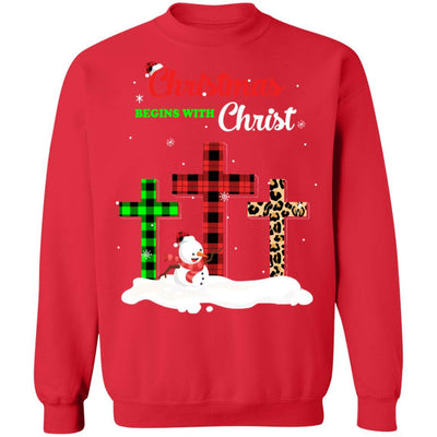 Christmas Begins With Christ Cross Buffalo Plaid Xmas Gift-T-Shirt & Sweatshirt-Crewneck Sweatshirt-Red