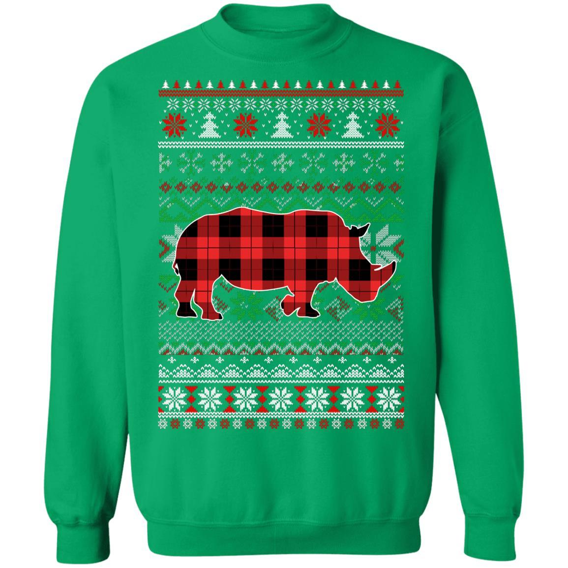 Rhino Red Plaid Ugly Christmas Sweater Funny Gifts-T-Shirt & Sweatshirt-Crewneck Sweatshirt-Irish Green
