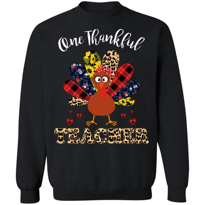 One Thankful Teacher Leopard Turkey Thanksgiving Gift-T-Shirt & Sweatshirt-Crewneck Sweatshirt-Black