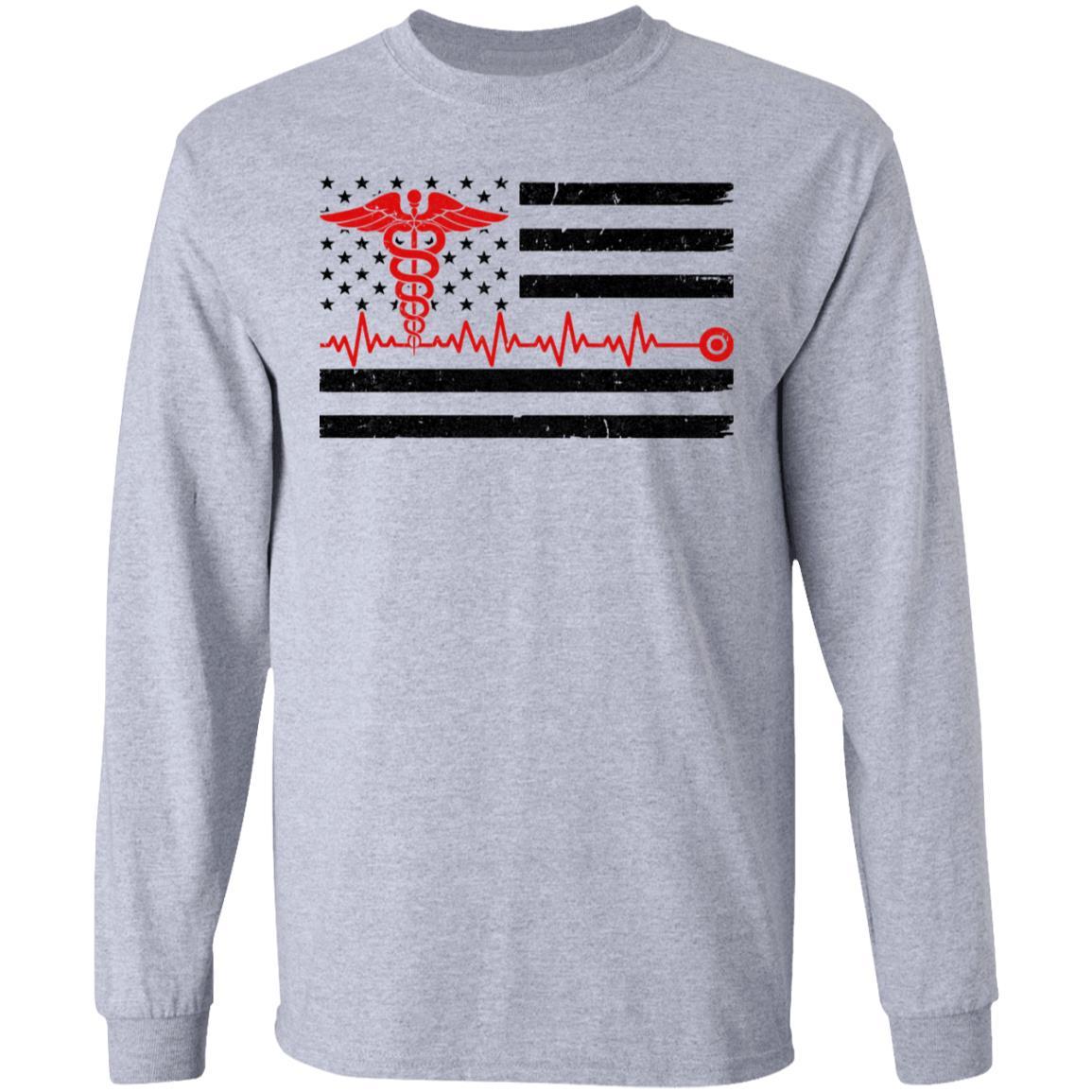 Patriot Apparel Nurse Thin Red Line Nursing Flag-T-Shirt & Hoodie-Long Sleeve T-Shirt-Sport Grey