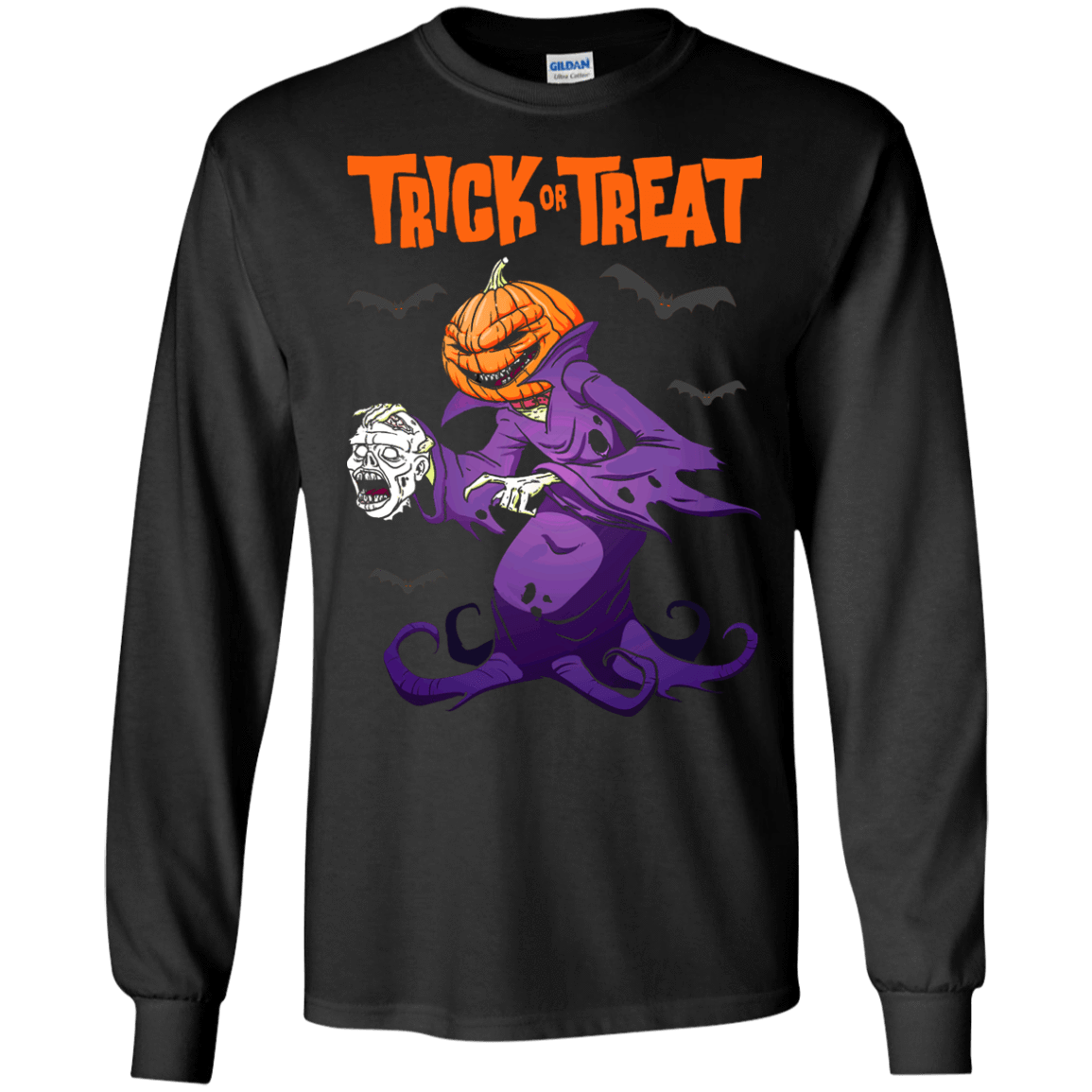 Trick Or Treat Pumpkin Zombie Halloween-T-Shirt & Hoodie-Long Sleeve T-Shirt-Black