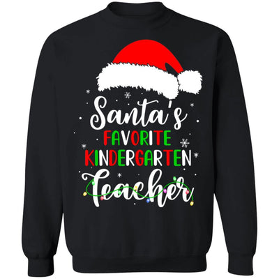 Santa's Favorite Kindergarten Teacher Santa Hat Christmas Light-T-Shirt & Sweatshirt-Crewneck Sweatshirt-Black