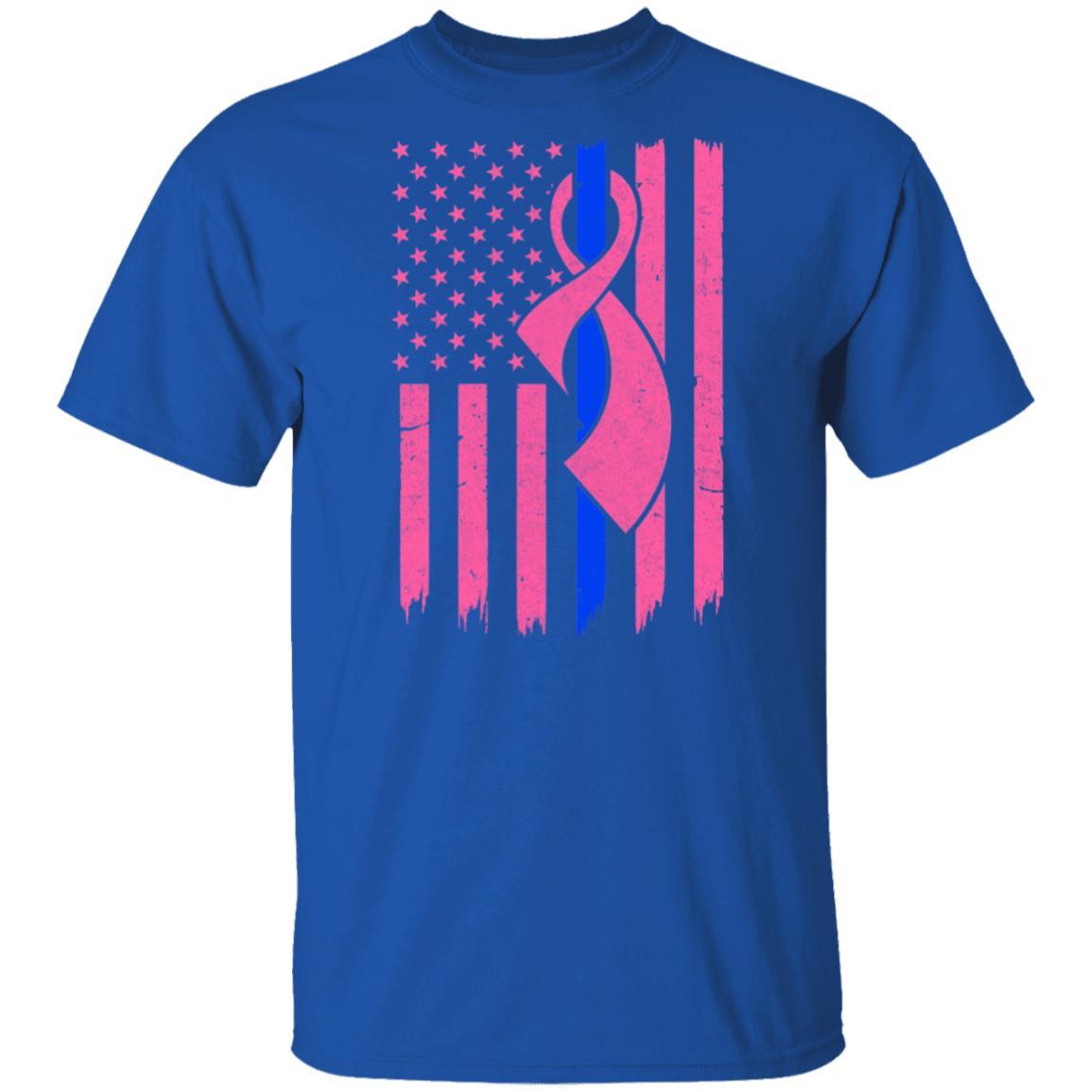 Blue Line Police US Flag Pink Ribbon Breast Cancer Awareness-T-Shirt & Hoodie-Classic T-Shirt-Royal