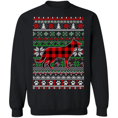 German Shepherd Red Plaid Ugly Christmas Sweater Gifts-T-Shirt & Sweatshirt-Crewneck Sweatshirt-Black
