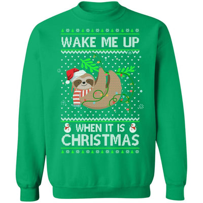 Wake Me Up When It's Christmas Sloth Ugly Christmas Sweater-T-Shirt & Sweatshirt-Crewneck Sweatshirt-Irish Green