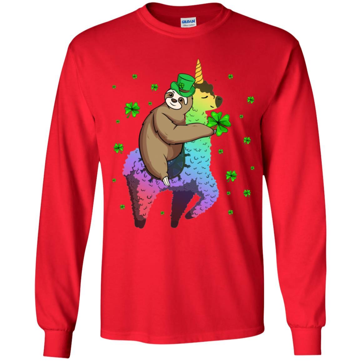 Leprechaun Sloth Riding Llama Unicorn St Patricks Day Youth-Youth Shirt-Youth Long Sleeve T-Shirt-Red