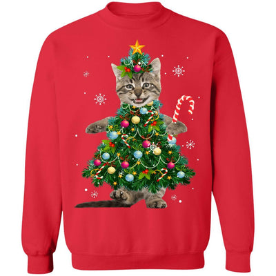 Santa Maine Coon Cat Christmas Tree Light Funny Xmas Cat-T-Shirt & Sweatshirt-Crewneck Sweatshirt-Red