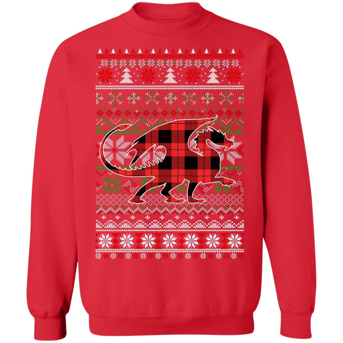 Dragon Red Plaid Ugly Christmas Sweater Funny Gifts-T-Shirt & Sweatshirt-Crewneck Sweatshirt-Red