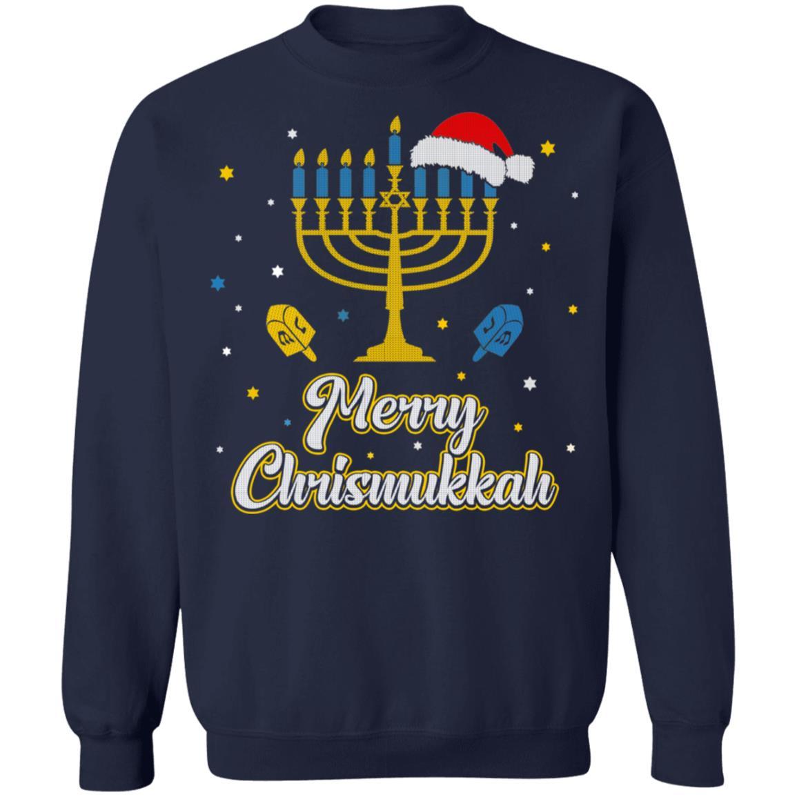 Christmas Ugly Hanukkah Sweater Menorah Merry Chrismukkah-T-Shirt & Sweatshirt-Crewneck Sweatshirt-Navy