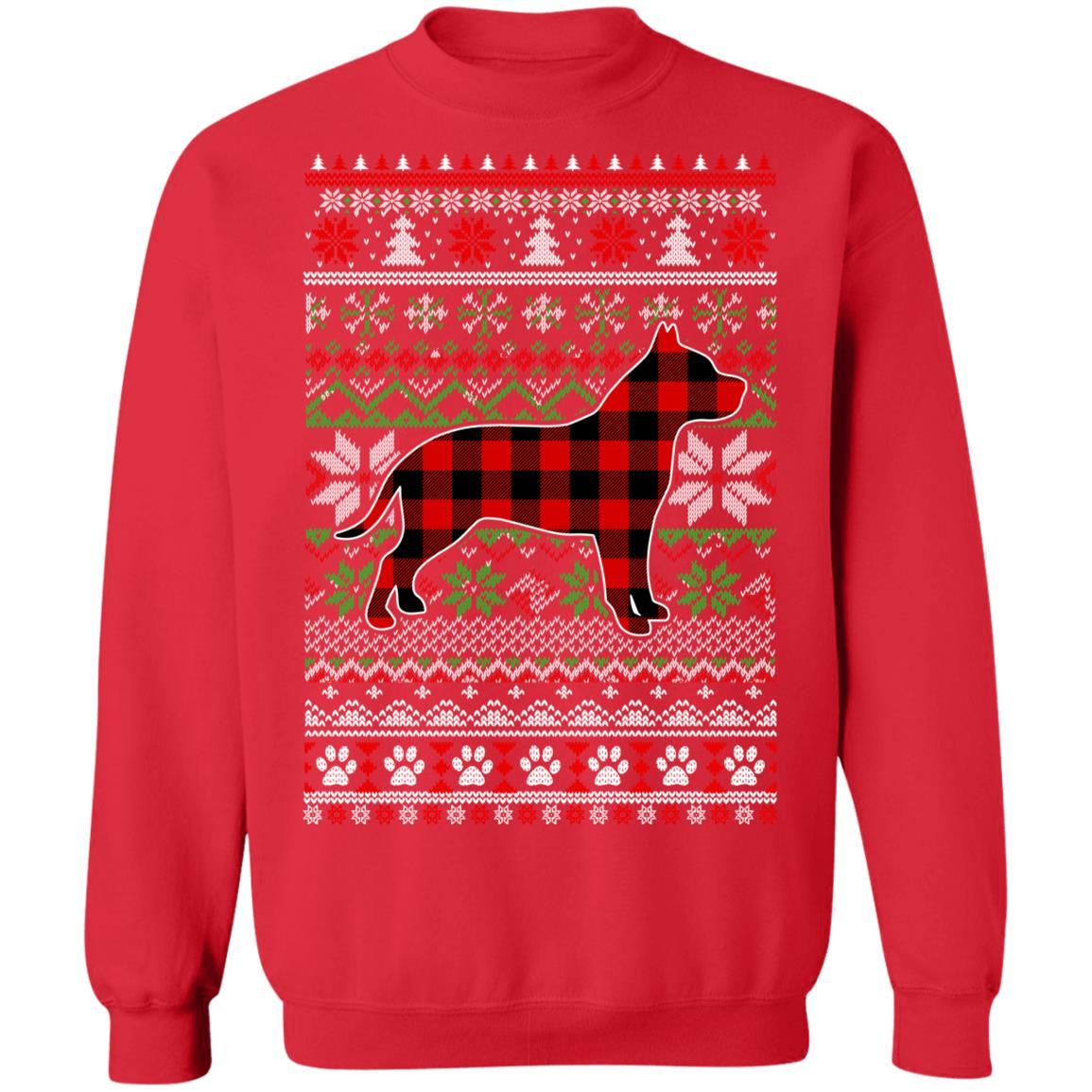Pit bull Red Plaid Ugly Christmas Sweater Gifts-T-Shirt & Sweatshirt-Crewneck Sweatshirt-Red