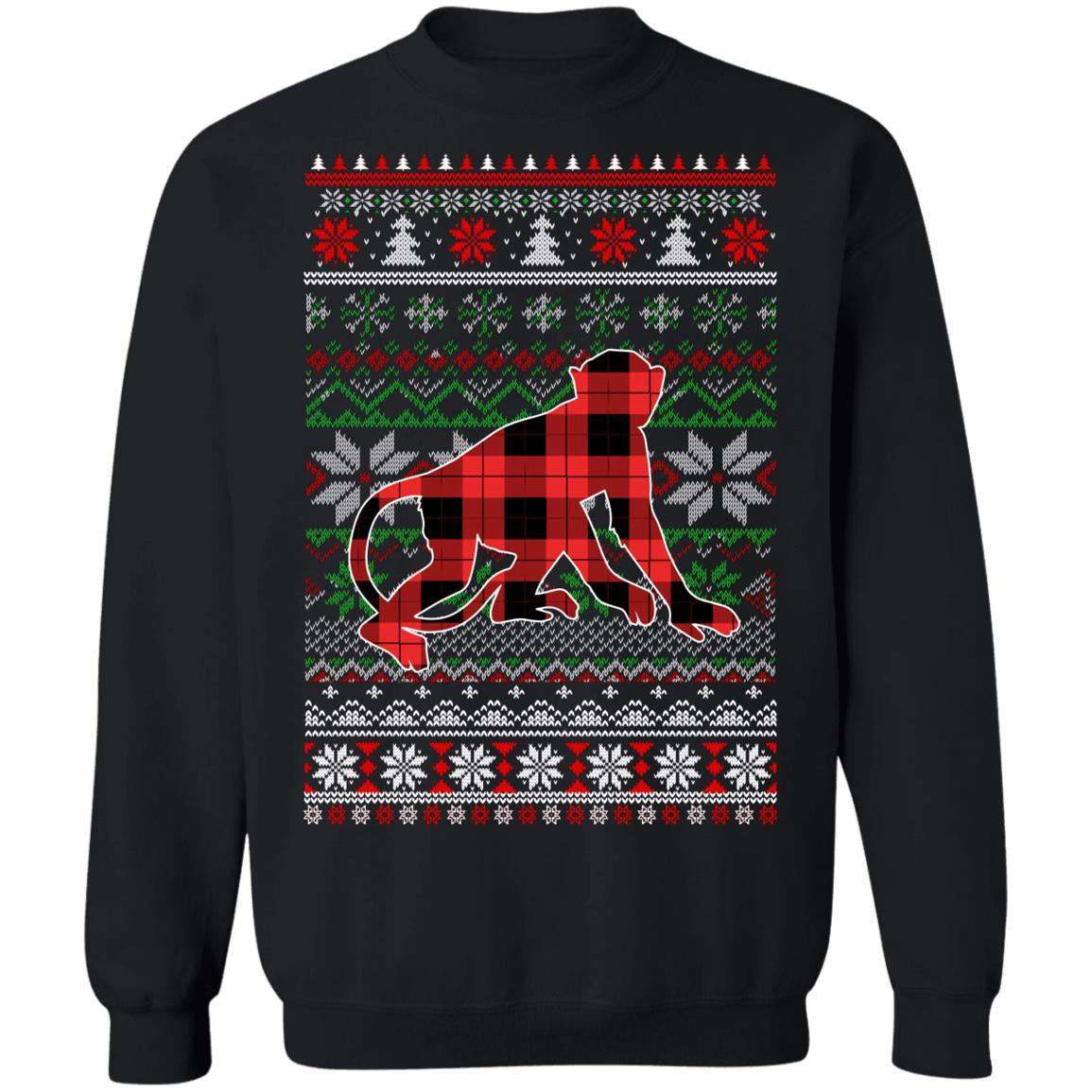 Monkey Red Plaid Ugly Christmas Sweater Funny Gifts-T-Shirt & Sweatshirt-Crewneck Sweatshirt-Black