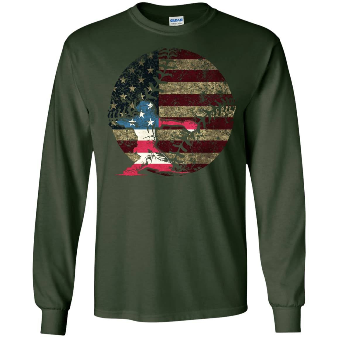 Catcher Baseball America Flag-T-Shirt & Hoodie-Long Sleeve T-Shirt-Forest Green