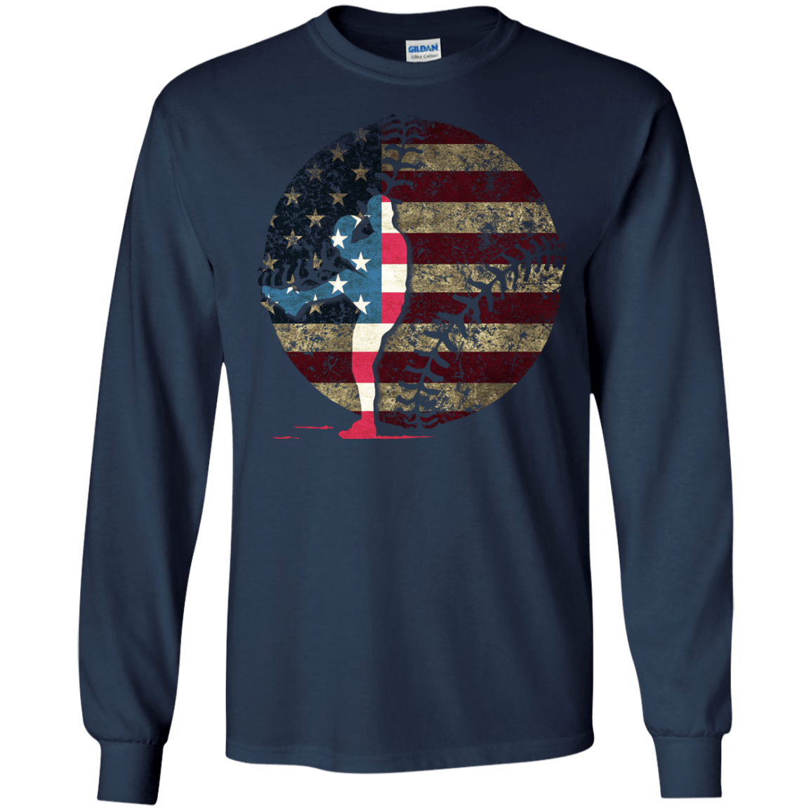 Pitcher Baseball America Flag-T-Shirt & Hoodie-Long Sleeve T-Shirt-Navy