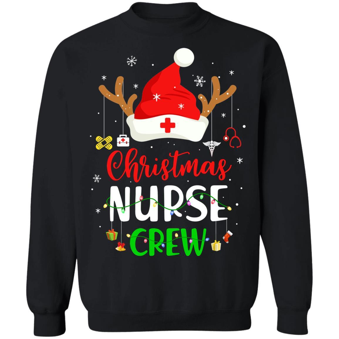 Christmas Nurse Crew Santa Hat Reindeer Merry Christmas Gift-T-Shirt & Sweatshirt-Crewneck Sweatshirt-Black