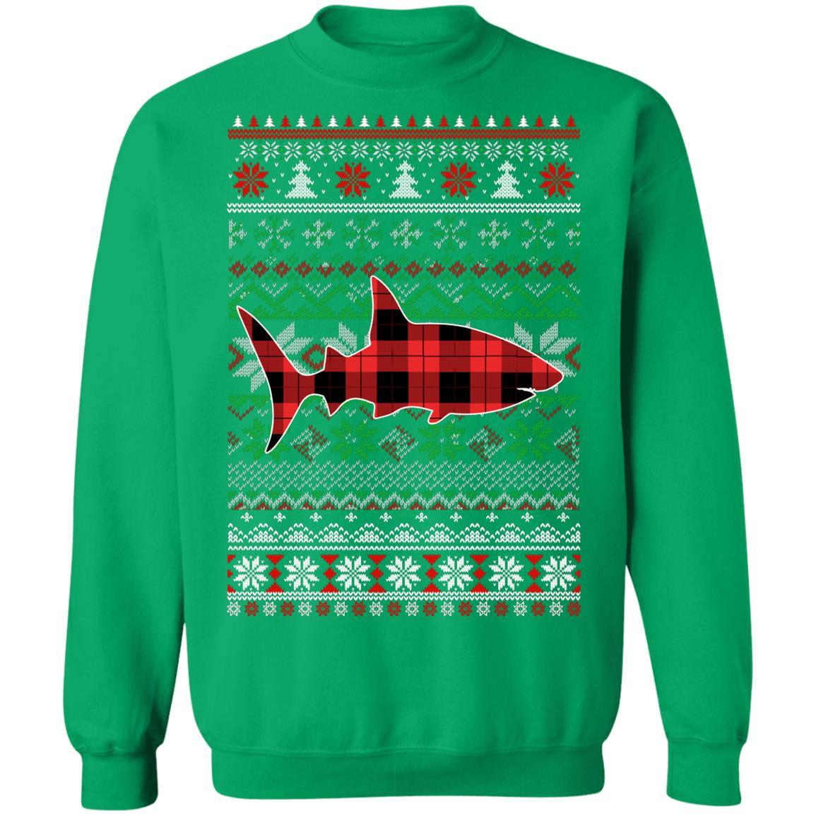 Shark Red Plaid Ugly Christmas Sweater Funny Gifts-T-Shirt & Sweatshirt-Crewneck Sweatshirt-Irish Green