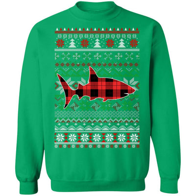 Shark Red Plaid Ugly Christmas Sweater Funny Gifts-T-Shirt & Sweatshirt-Crewneck Sweatshirt-Irish Green