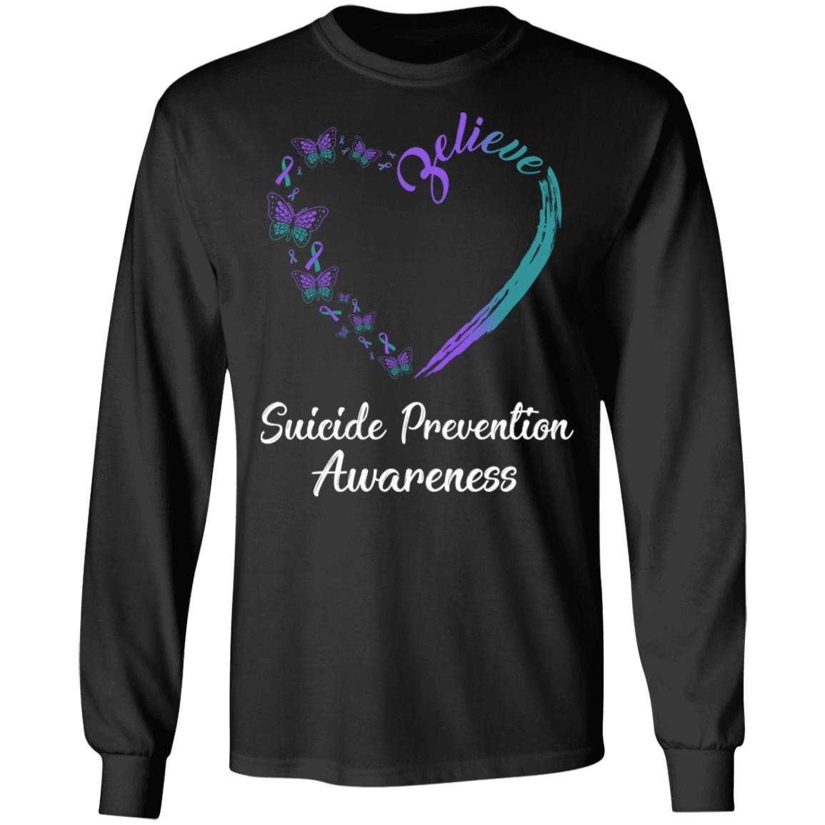 Butterfly Believe Suicide Prevention Awareness Ribbon Gifts-T-Shirt & Hoodie-Long Sleeve T-Shirt-Black