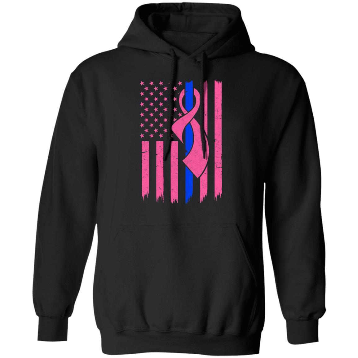 Blue Line Police US Flag Pink Ribbon Breast Cancer Awareness-T-Shirt & Hoodie-Pullover Hoodie-Black