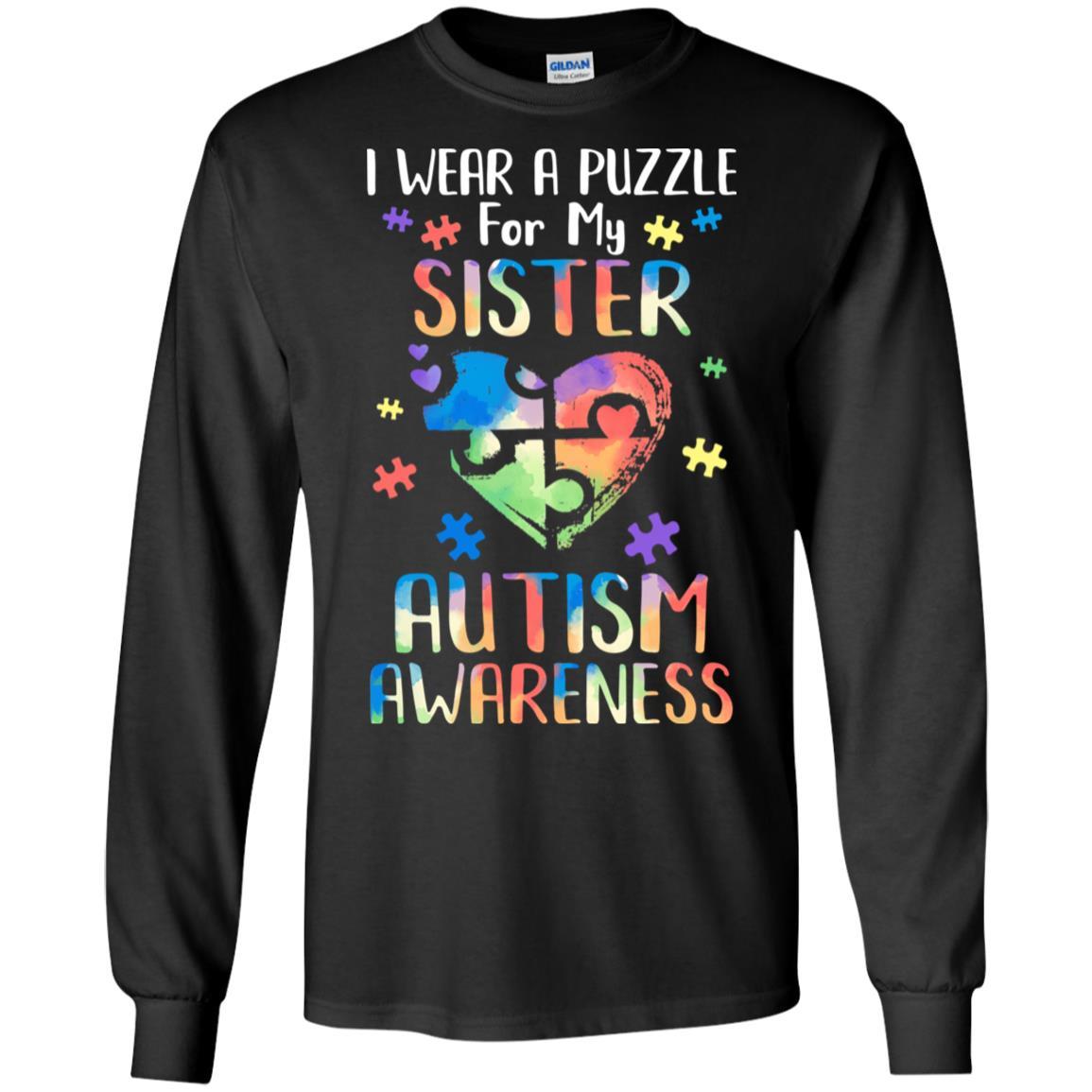 I Wear A Puzzle For My Sister Autism Awareness-T-Shirt & Hoodie-Long Sleeve T-Shirt-Black