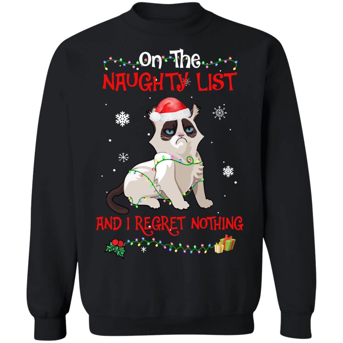 On The Naughty List I Regret Nothing Cat Christmas Gift-T-Shirt & Sweatshirt-Crewneck Sweatshirt-Black