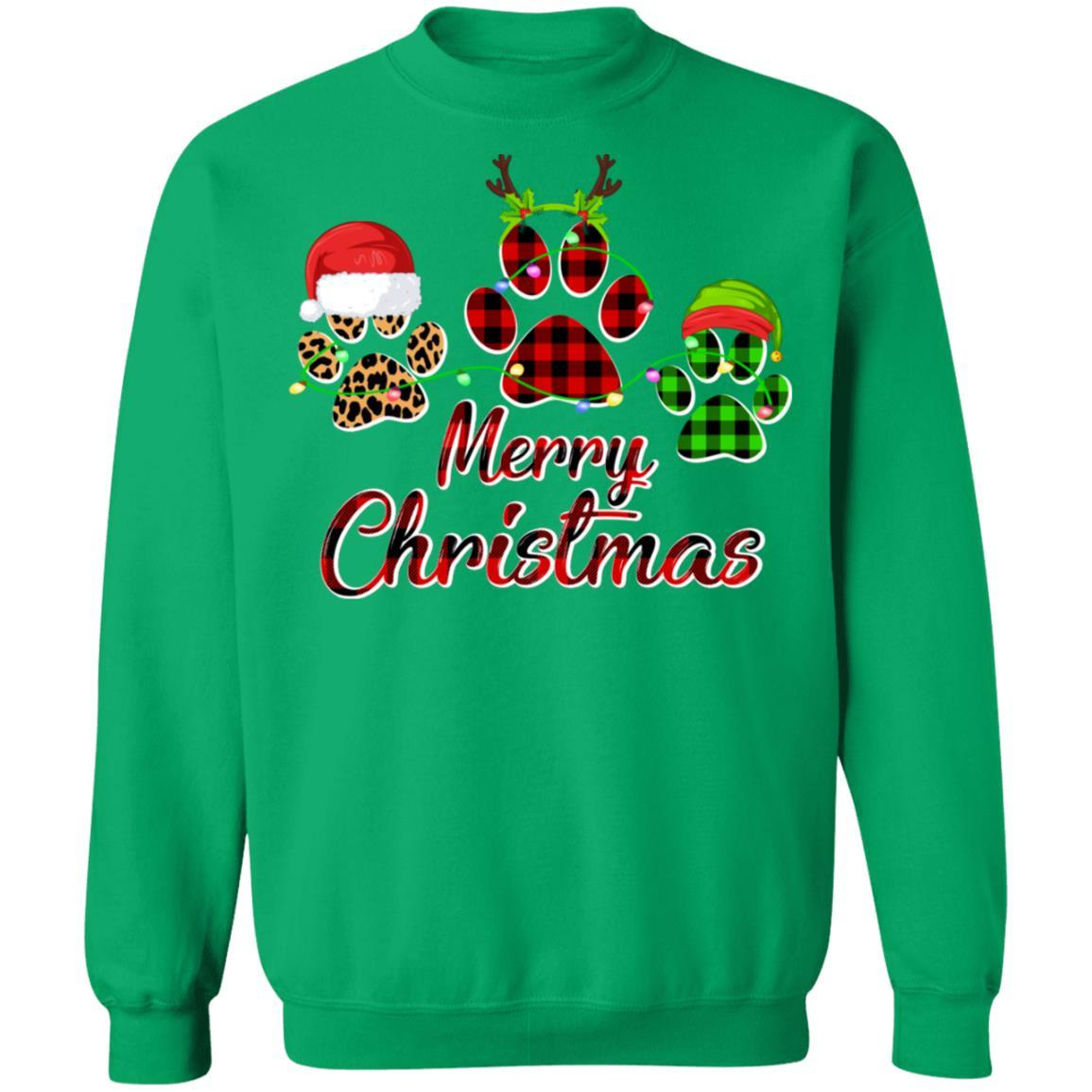 Paw Dogs Merry Christmas Dog Lovers Red Buffalo-T-Shirt & Sweatshirt-Crewneck Sweatshirt-Irish Green