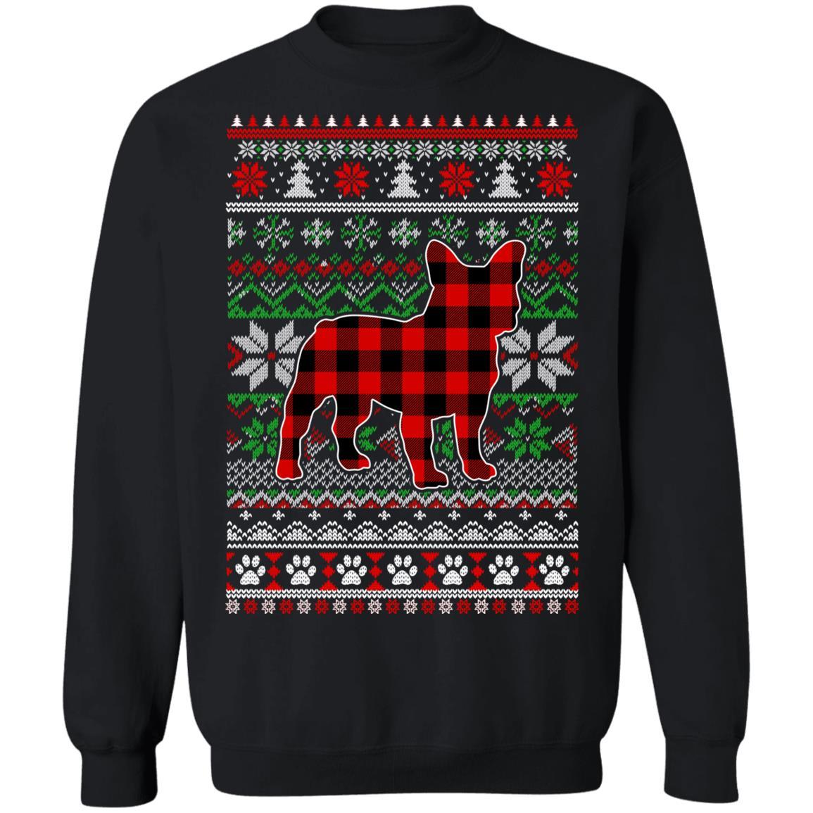 French Bulldog Red Plaid Ugly Christmas Sweater Gifts-T-Shirt & Sweatshirt-Crewneck Sweatshirt-Black
